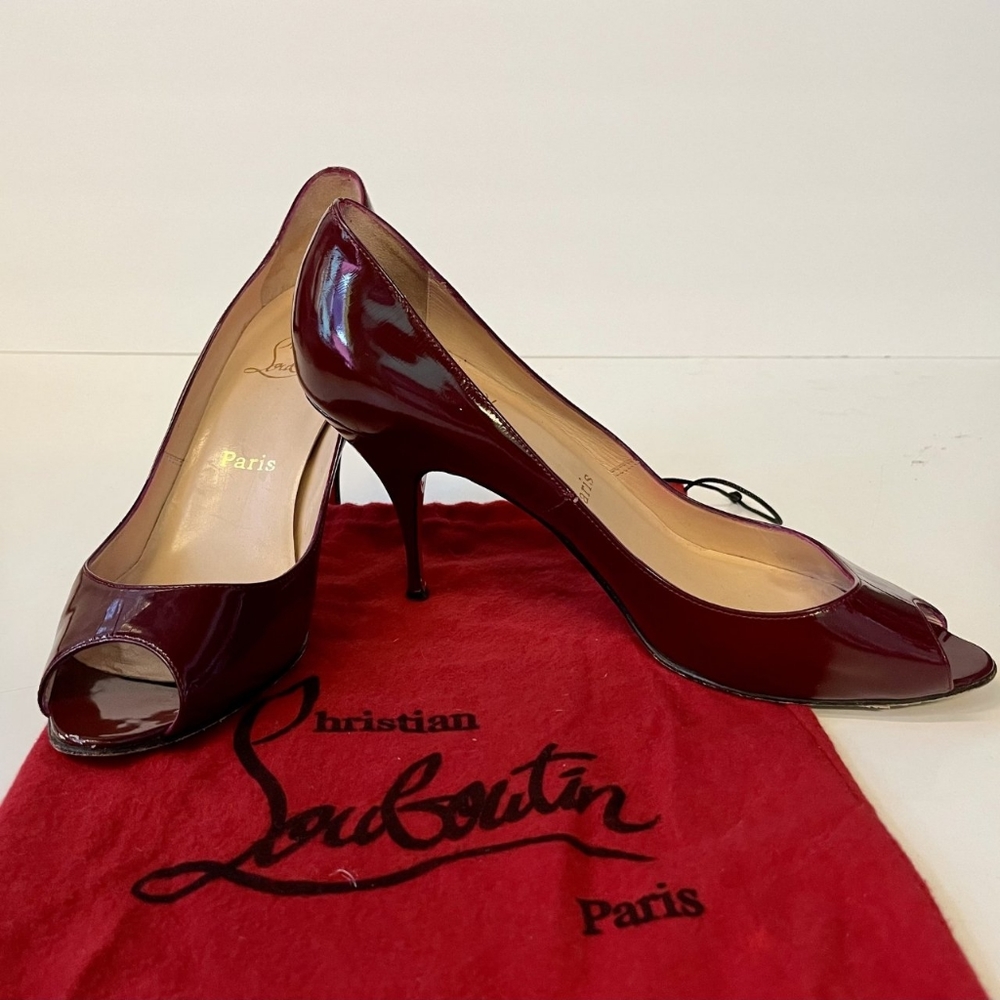 Christian Louboutin Maroon Peep Toe Pumps, 10 W US